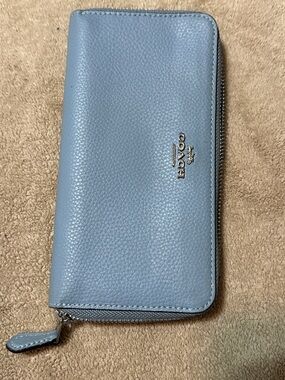 Coach Pebbled Leather Zip Wallet in Powder Blue with Silver Hardware